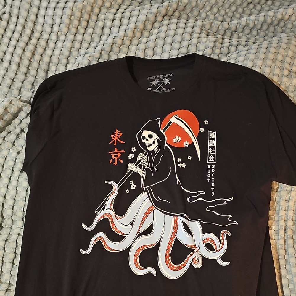 Riot Society Black Tee with Grim Reaper and Tentacles